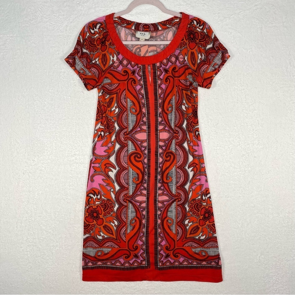 ECI‎ Boho Retro Paisley Pink Pleated Shift Dress Sz 6 Career Party Cocktail